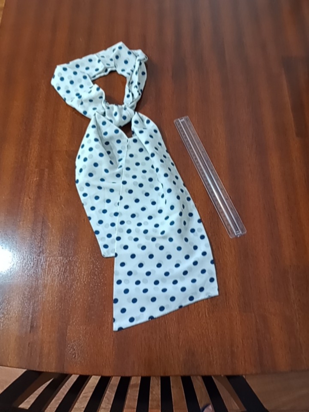 White Scarf with Navy Polka Dots